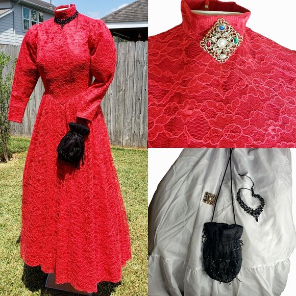 Victorian Red Dress High Neck , Puff Sleeves, Couture with accessories M - Picture 1 of 12